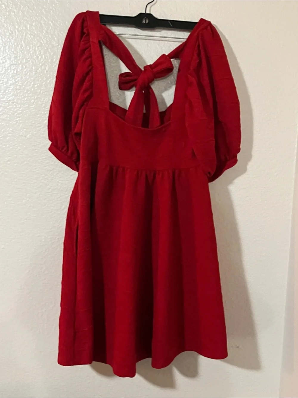 Free People violet babydoll Red Puff-Sleeve Tie-Back Mini Dress sz S with pocket